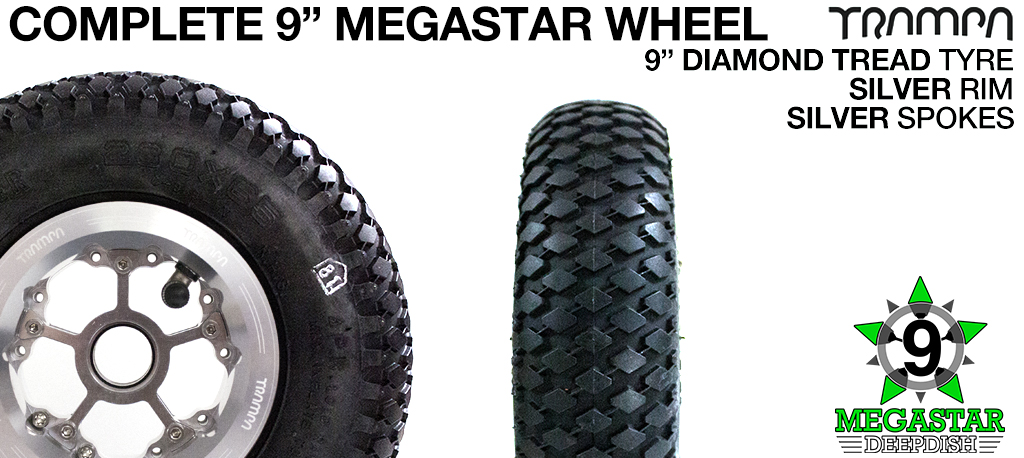 SILVER 9 inch Deep-Dish MEGASTARS Rim with SILVER Spokes & 9 Inch DIAMOND TREAD Tyres  