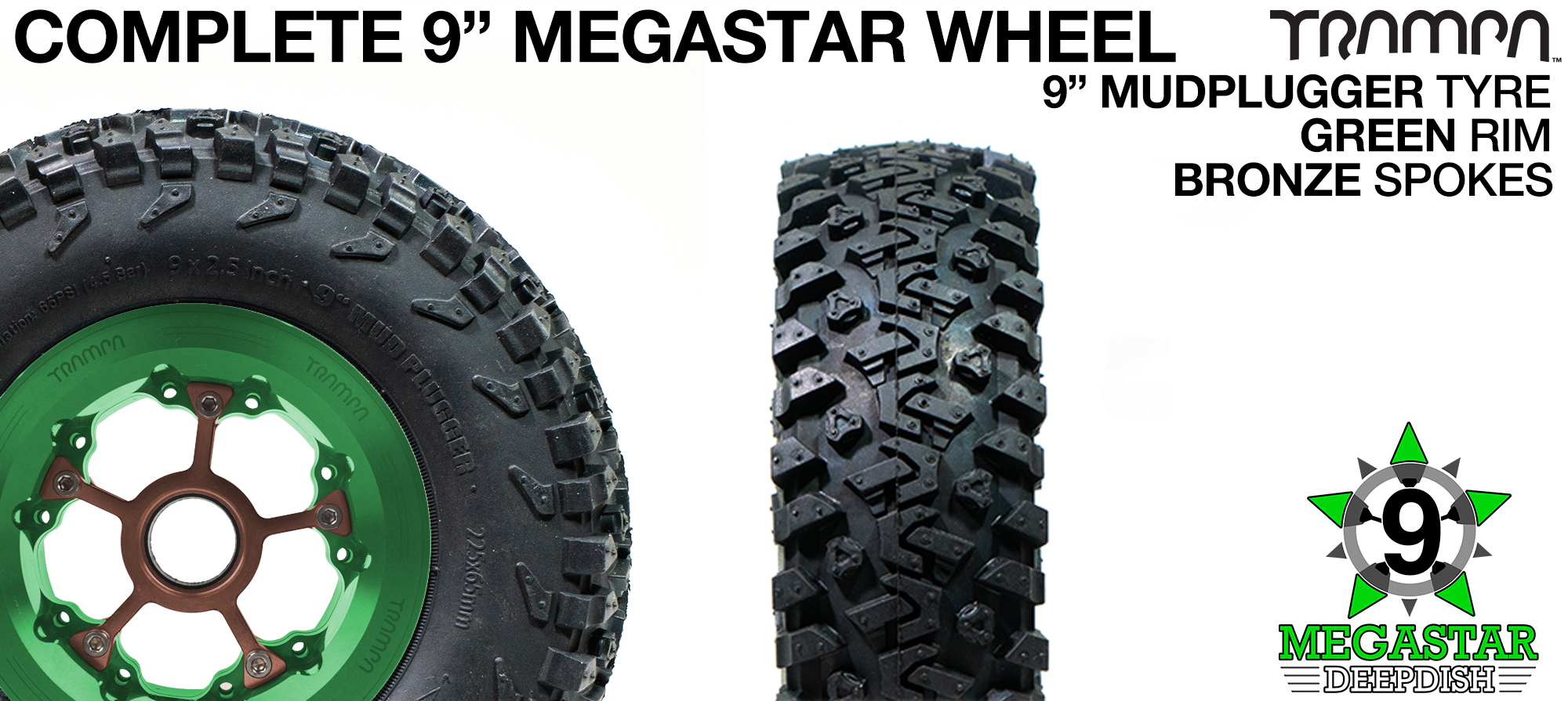 GREEN 9 inch Deep-Dish MEGASTARS Rim with BRONZE Spokes & 9 Inch MUDPLUGGER Tyre 