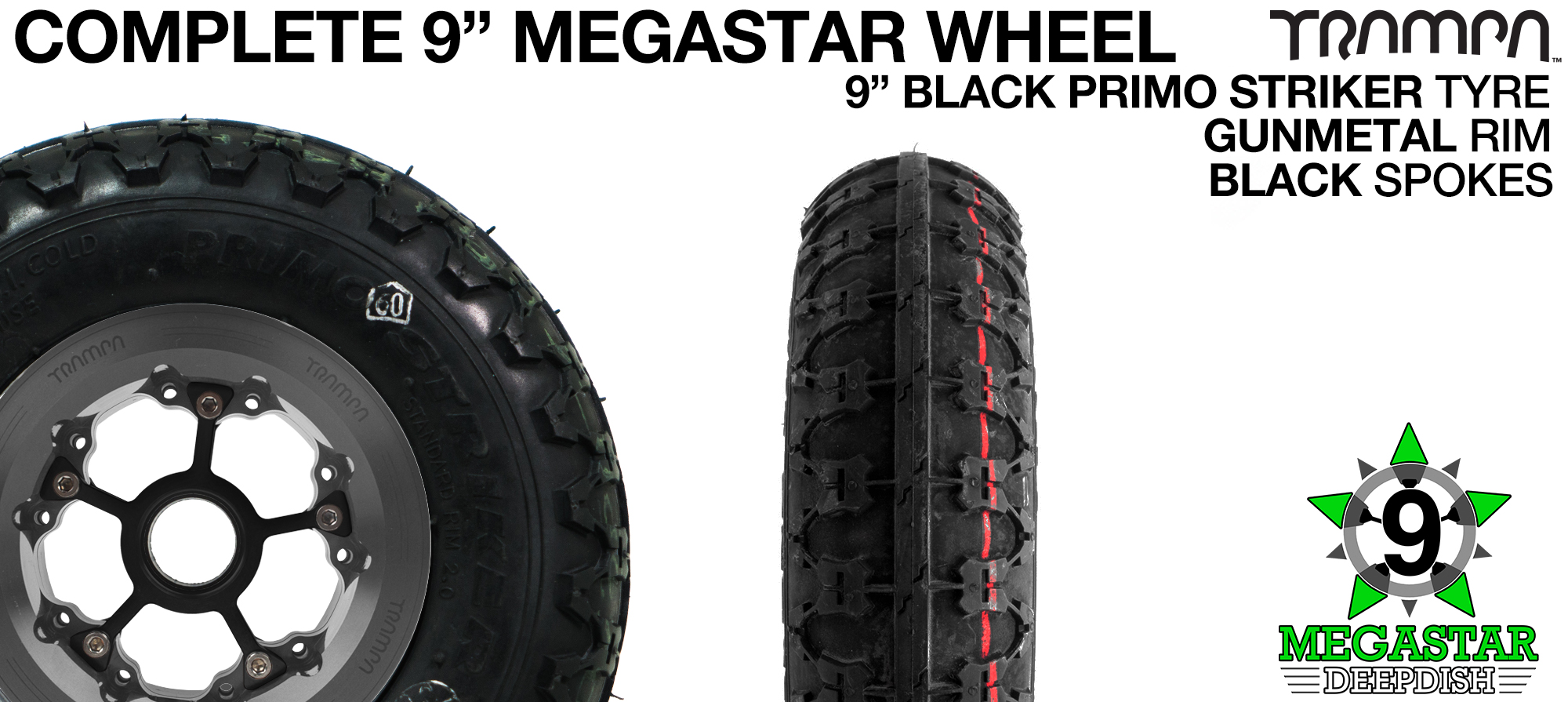 GUNMETAL 9 inch Deep-Dish MEGASTARS Rim with BLACK Spokes & 9 Inch STRIKER Tyre 