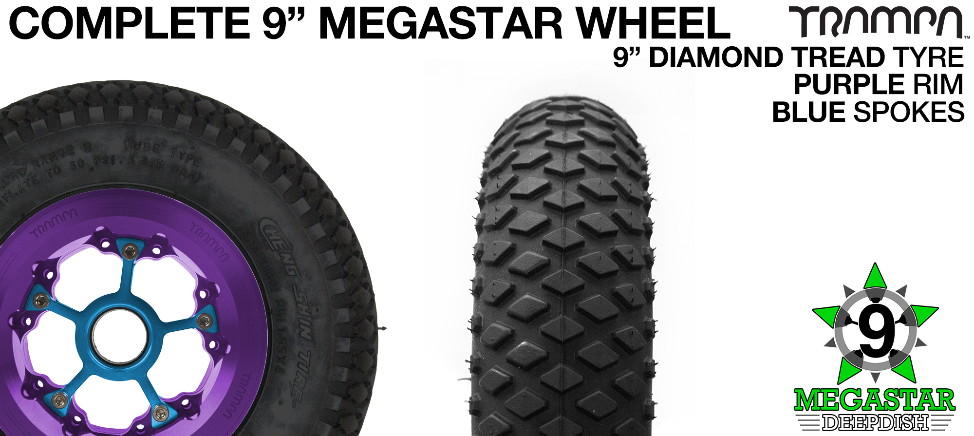PURPLE 9 inch Deep-Dish MEGASTARS Rim with BLUE Spokes & 9 Inch DIAMOND Tyre