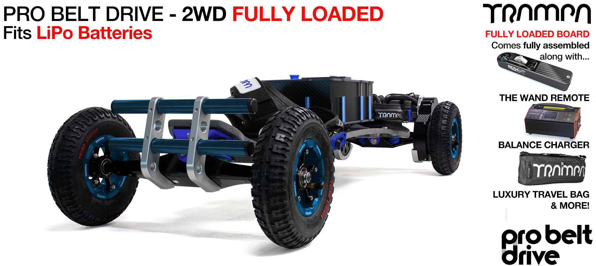 TRAMPA 16mm PRO Belt Drive Electric mountainboard FULLY LOADED to fit 12s Li-Po Cells with The WAND, TWIN 12s ULTRA POWER Charger & Bull Bars, shipped Assembled In a Luxury Bag as standard!! 
