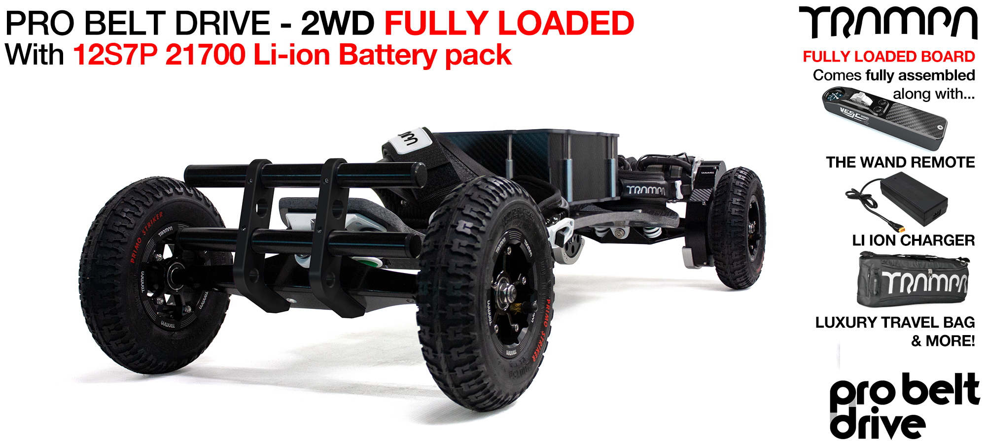 TRAMPA's 2WD 16mm PRO Belt Drive BigBoi FULLY LOADED Electric mountainboard with 21700 Cell Pack, 12s 12A Charger, The WAND, Bull Bars, sent FULY ASSEMBLED In a Luxury Travel Bag all as standard!! 