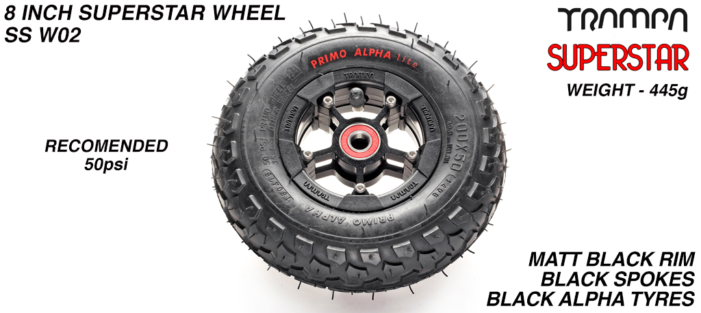 Superstar 8 inch wheel - Superstar 8 inch wheel - Black Rim with Black Anodised Spokes & Black Alpha 8 Inch Tyres