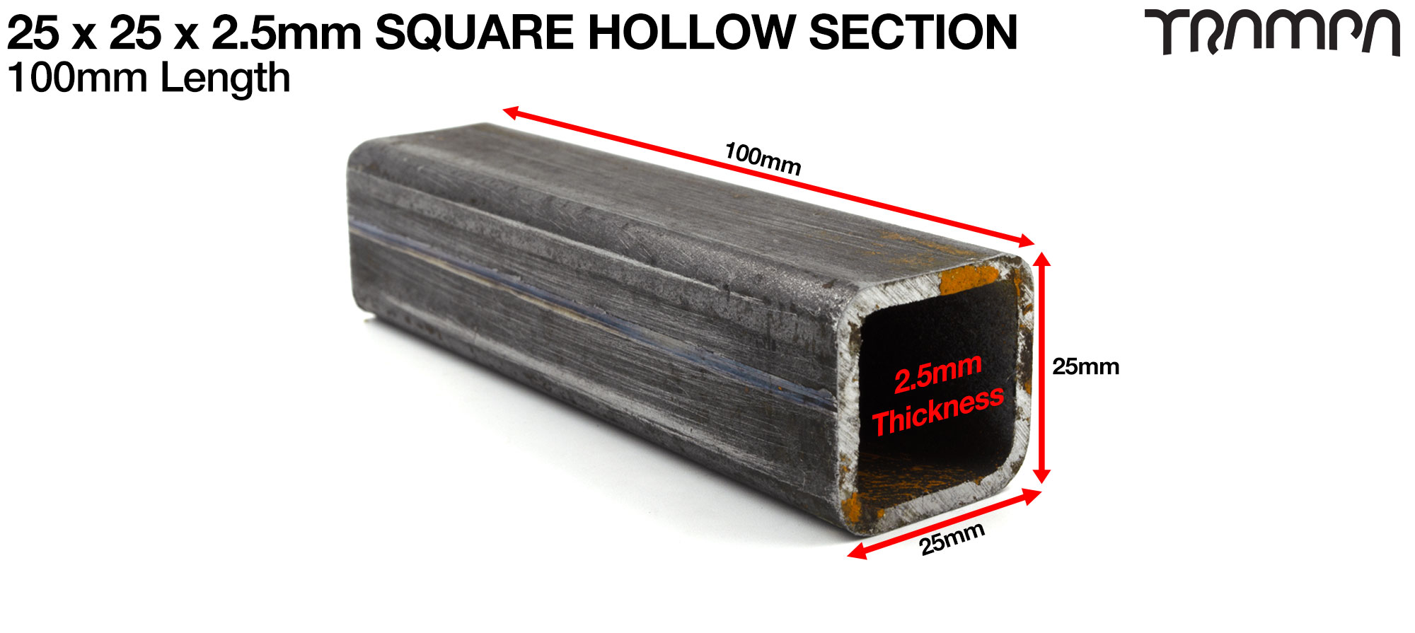 25x25x2.5mm - Mild Steel 25mm Box Section sold in 10cm Lengths - select in dropdown Below the length you want