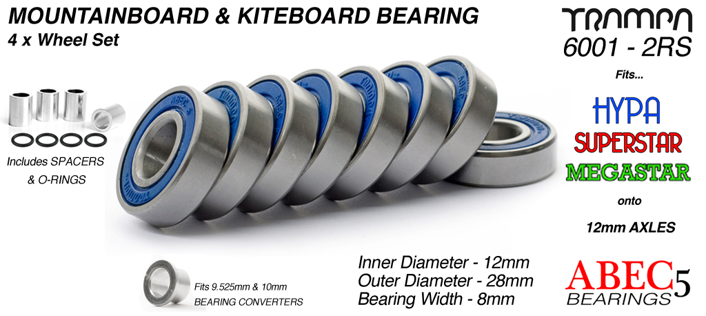 12mm Bearings - 12mm x 28mm axle ABEC 5 rated BLUE Rubber Sealed Sidewalls x4 Wheels