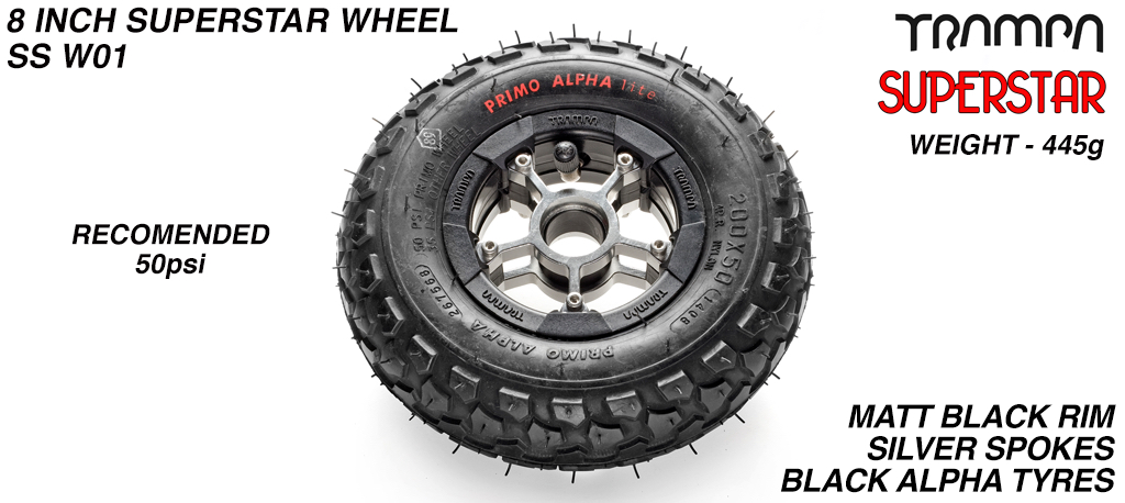 Superstar 8 inch wheel - Superstar 8 inch wheel - Matt Black Rim with Silver Anodised Spokes & Black Alpha 8 Inch Tyres