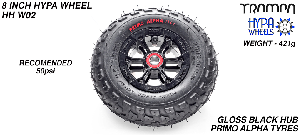 8 Inch Wheel - Black Gloss Hypa Hub with Black Alpha 8 Inch Tyre