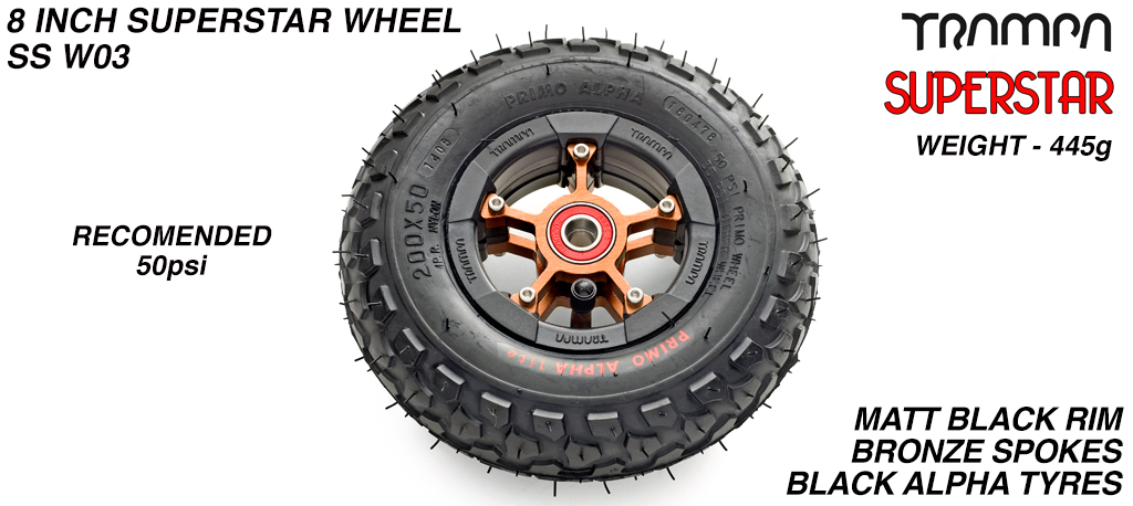 Superstar 8 inch wheel - Black Rim with Bronze Anodised spokes & Black Alpha 8 Inch Tyres