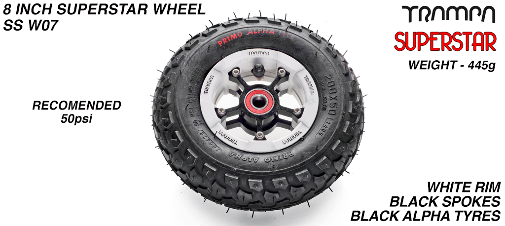 Superstar 8 inch wheel - White Gloss Rim with Black Anodised Spokes & Black Alpha 8 Inch Tyres