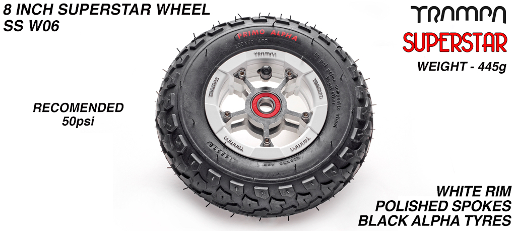 Superstar 8 inch wheel - White Gloss Rim with Silver Anodised spokes & Black Alpha 8 Inch Tyres