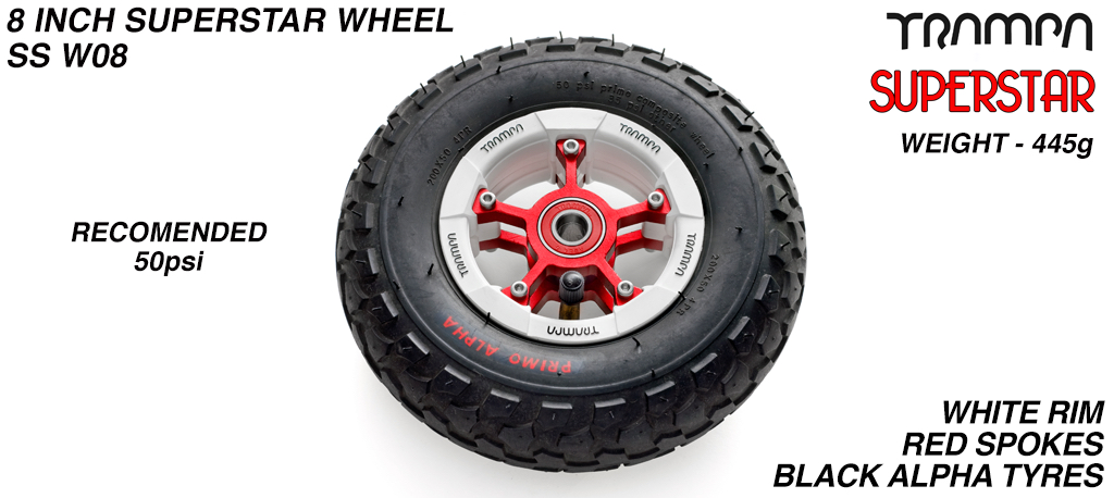 Superstar 8 inch wheel - White Gloss Rim with Red Anodised spokes & Black Alpha 8 Inch Tyres