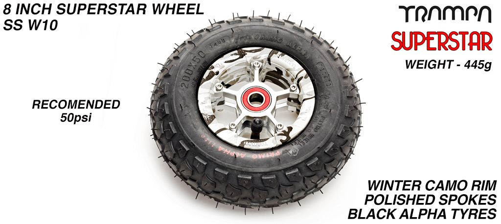 Superstar 8 inch wheel - Winter Camo Rim Silver Anodised spokes & Black Alpha 8 Inch Tyres