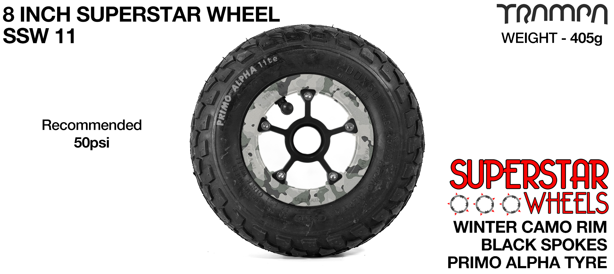Superstar 8 inch wheel - Winter Camo Rim Black Anodised spokes & Black Alpha 8 Inch Tyres