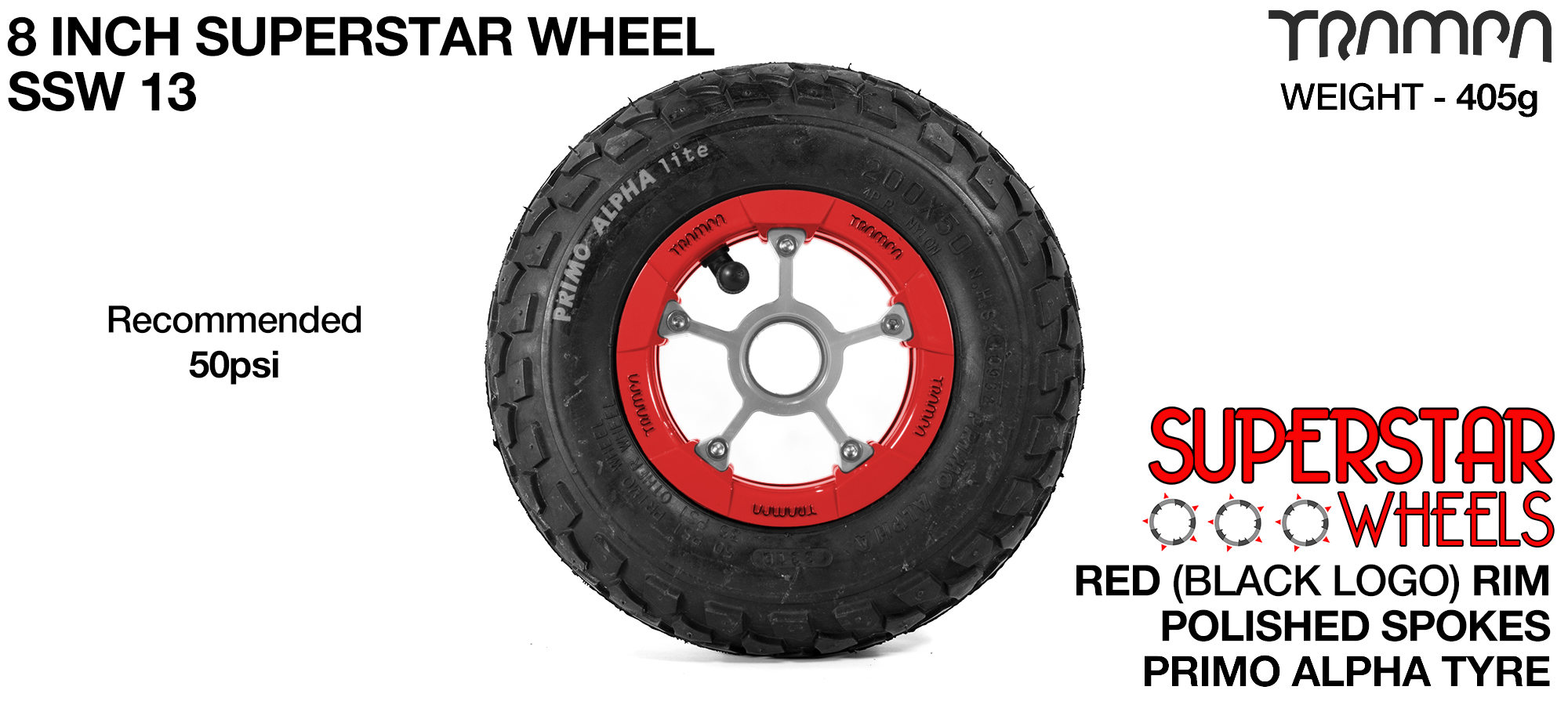 Superstar 8 inch wheel - Red Gloss Rim with Silver Anodised spokes & Black Alpha 8 Inch Tyres