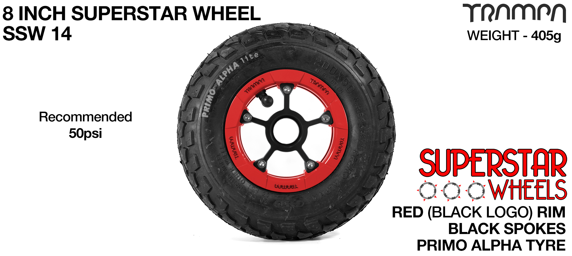 Superstar 8 inch wheel - Red Gloss Rim with Black Anodised Spokes & Black Alpha 8 Inch Tyres