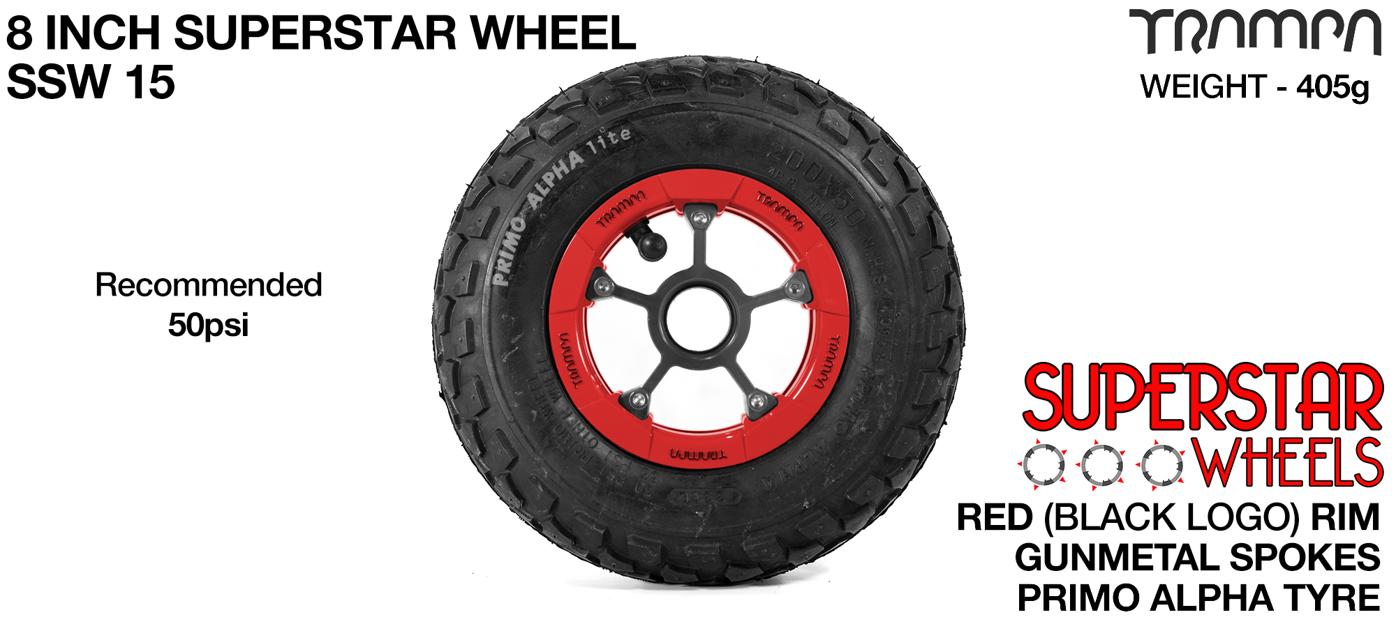 Superstar 8 inch wheel - Red Gloss Rim Gunmetal Anodised spokes & Black Alpha 8 Inch Tyres
