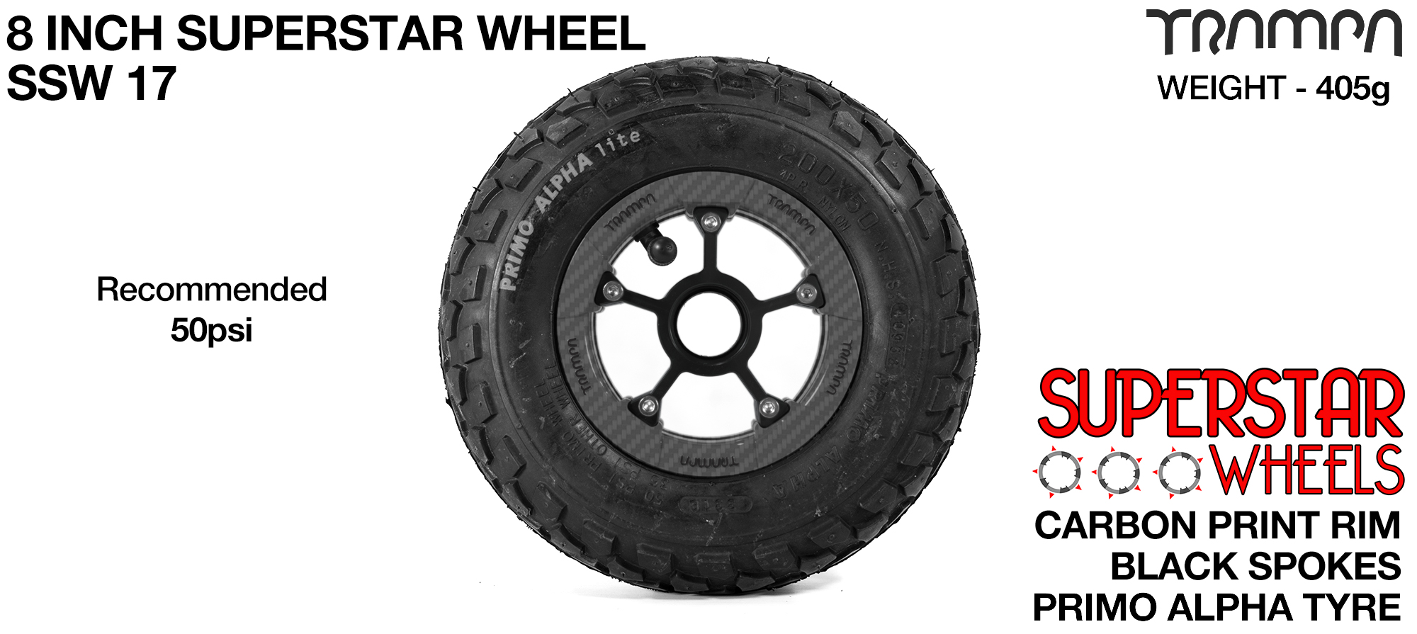 Superstar 8 inch wheel - Carbon Print Rim with Black Anodised spokes & Black Alpha 8 Inch Tyres