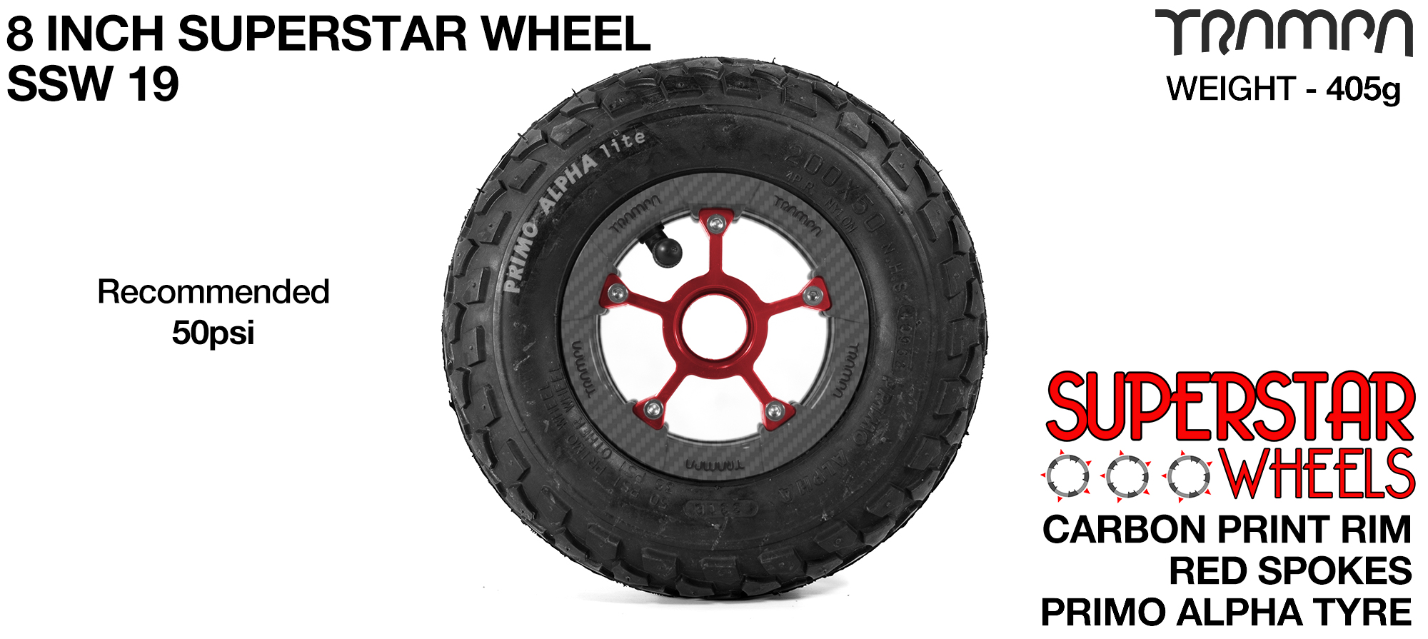 Superstar 8 inch wheel - Carbon Rim with Red Anodised spokes & Black Alpha 8 Inch Tyres