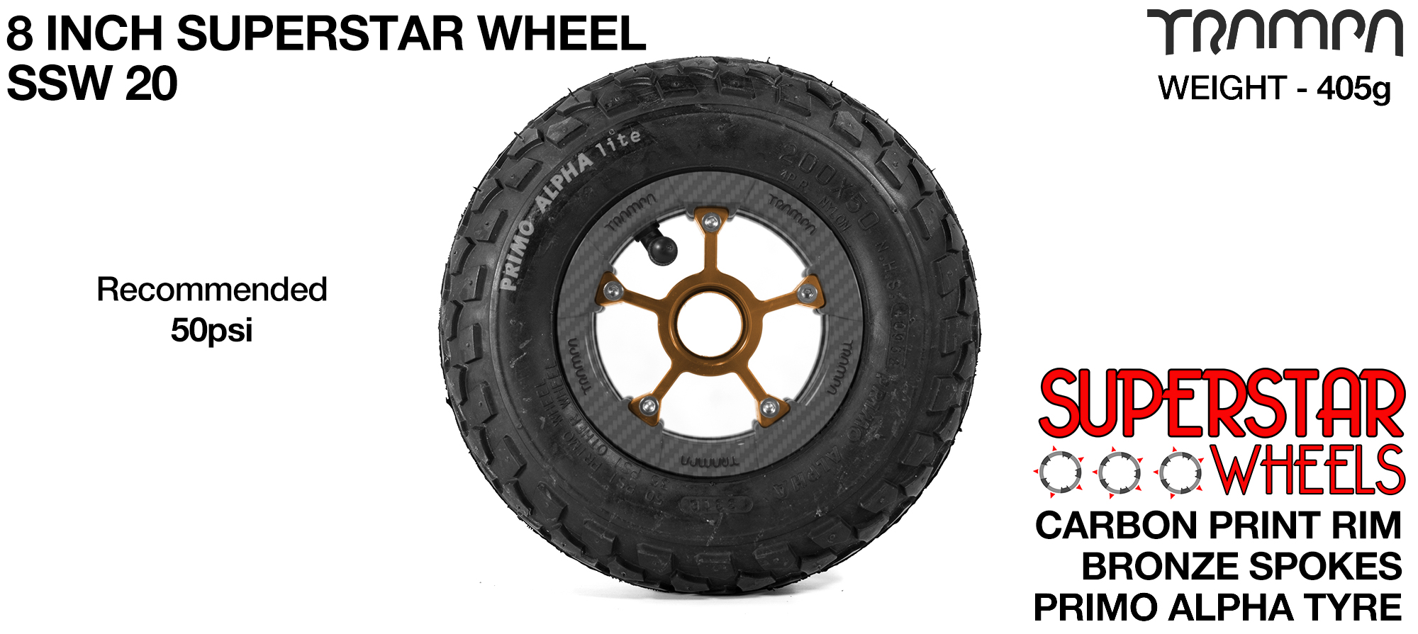 Superstar 8 inch wheel - Carbon Rim with Bronze Anodised spokes & Black Alpha 8 Inch Tyres