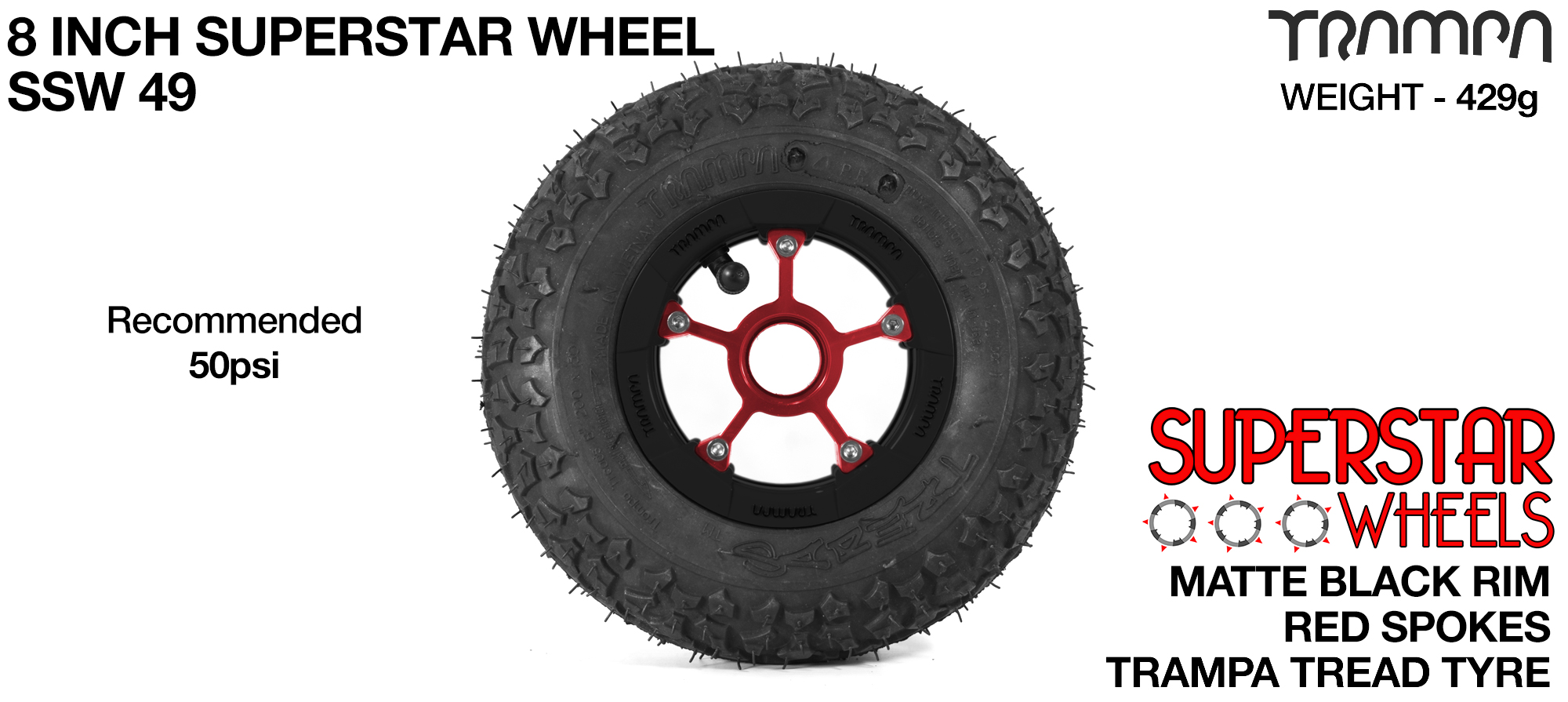 Superstar 8 inch wheel - Matt Black Rim with Red Anodised spokes & TRAMPA TREAD 8 Inch Tyres