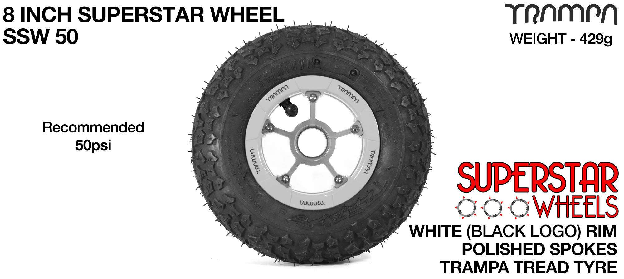 Superstar 8 inch wheel - White Gloss Rim with Silver Anodised spokes & TRAMPA TREAD 8 Inch Tyres