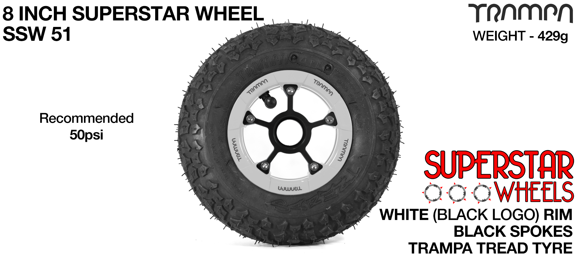 Superstar 8 inch wheel - White Gloss Rim with Black Anodised spokes & TRAMPA TREAD 8 Inch Tyres