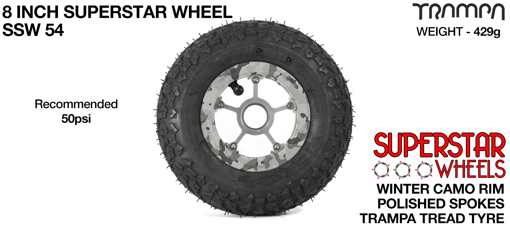 Superstar 8 inch wheel - Winter Camo Rim with Silver Anodised spokes & TRAMPA TREAD 8 Inch Tyres