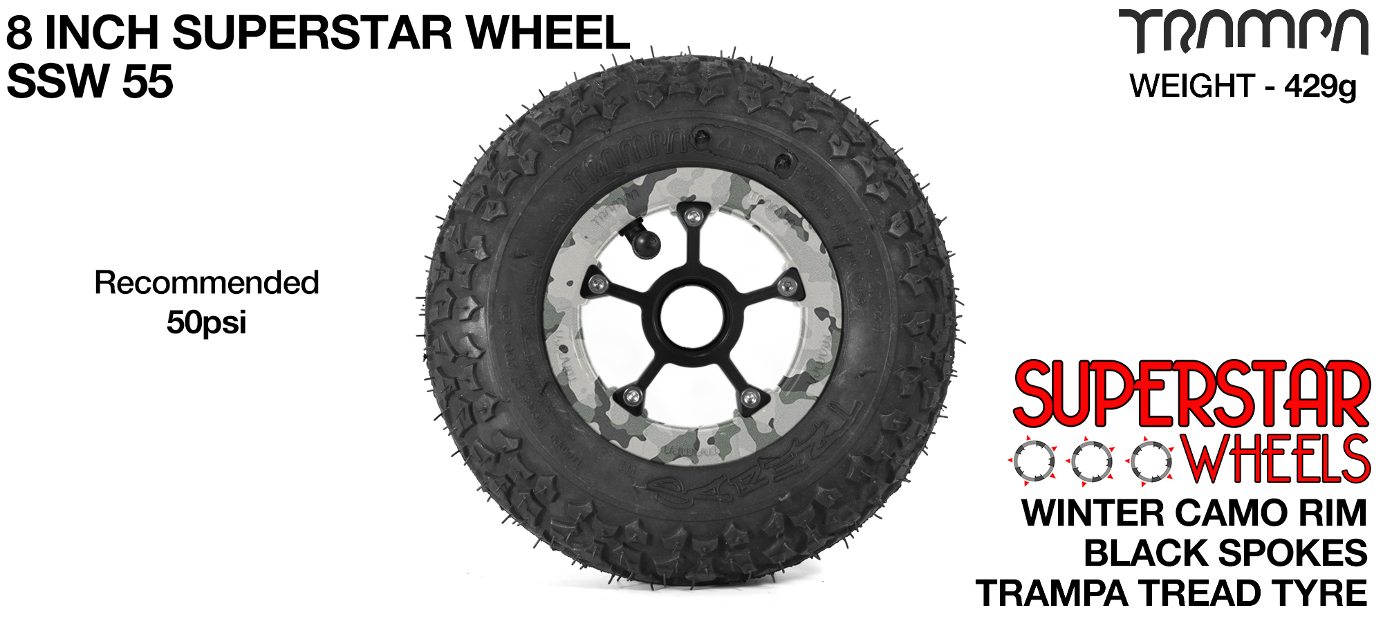 Superstar 8 inch wheel - Winter Camo Rim with Black Anodised spokes & TRAMPA TREAD 8 Inch Tyres