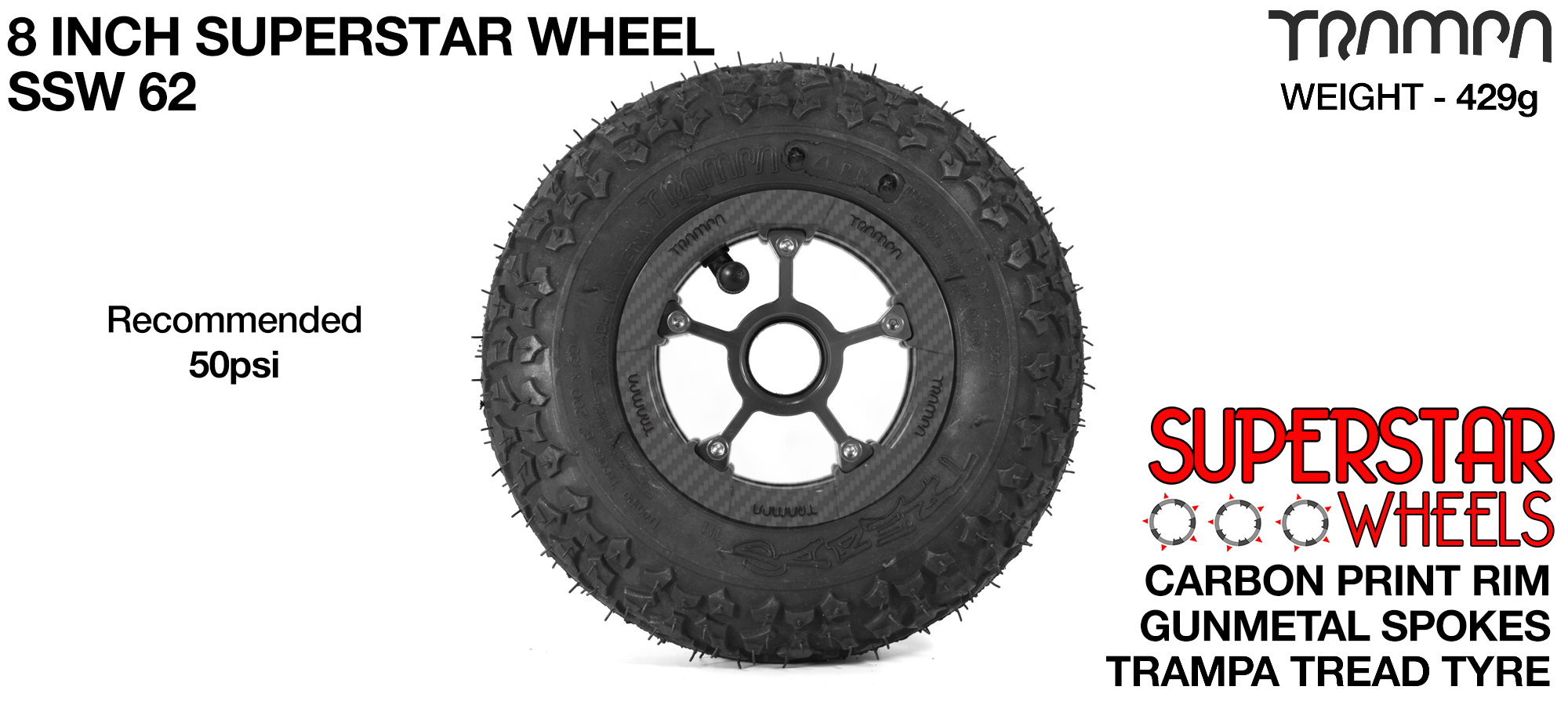Superstar 8 inch wheel - Carbon Print Rim with Gunmetal Anodised spokes & TRAMPA TREAD 8 Inch Tyres