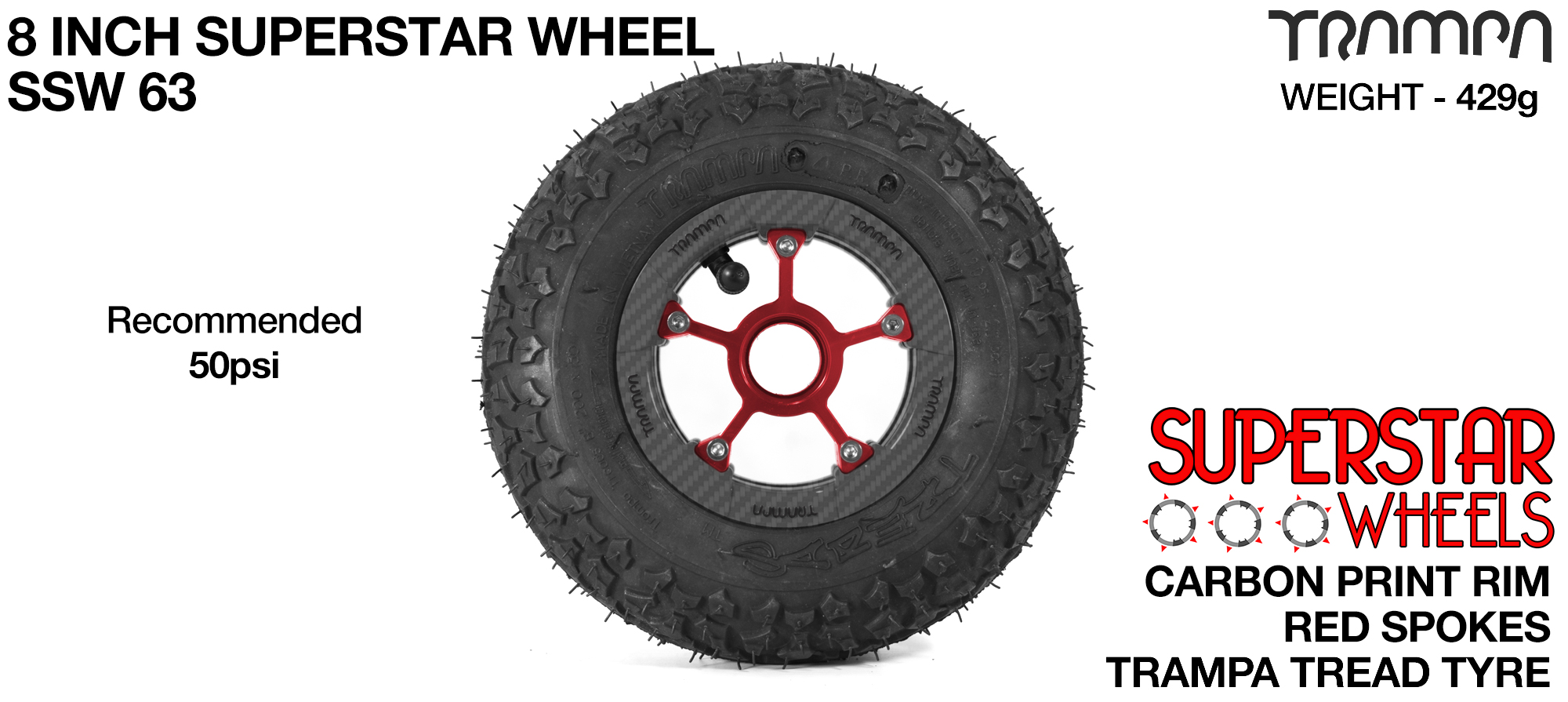 Superstar 8 inch wheel - Carbon Print Rim with Red Anodised spokes & TRAMPA TREAD 8 Inch Tyres
