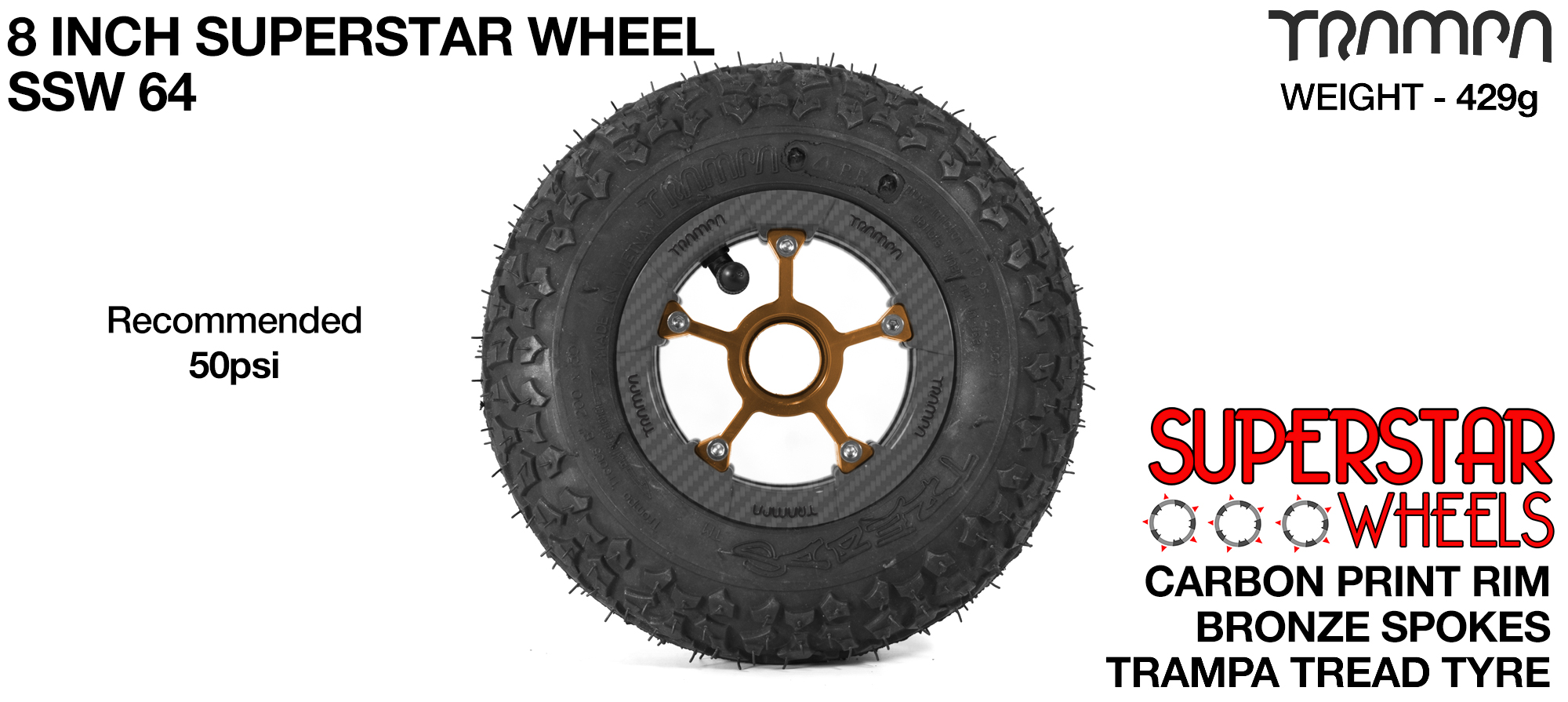 Superstar 8 inch wheel - Carbon Rim with Bronze Anodised spokes & TRAMPA TREAD 8 Inch Tyres